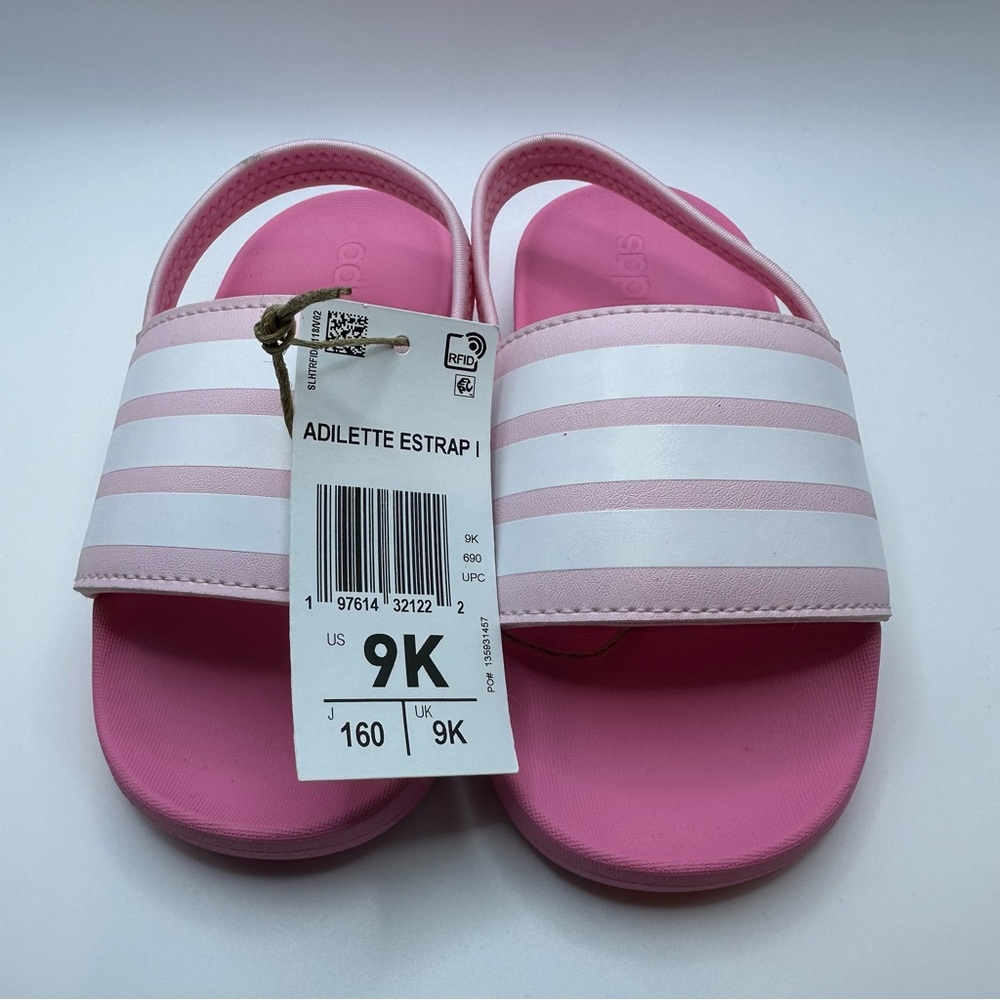 NWT- Adidas Kids Pink and White Adilette Estrap I Sandals, 9K